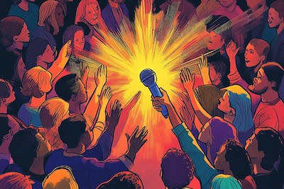 Group of people surrounding a microphone